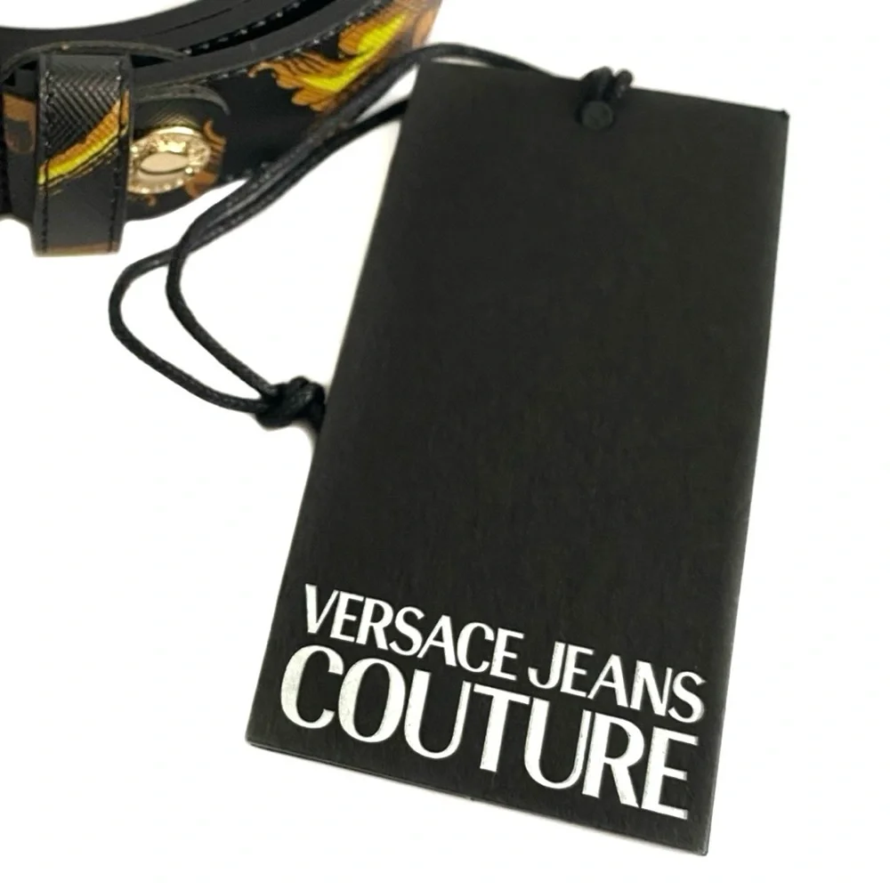 VERSACE JEANS COUTURE Black Gold Buckle Signature Print Leather Belt NWT